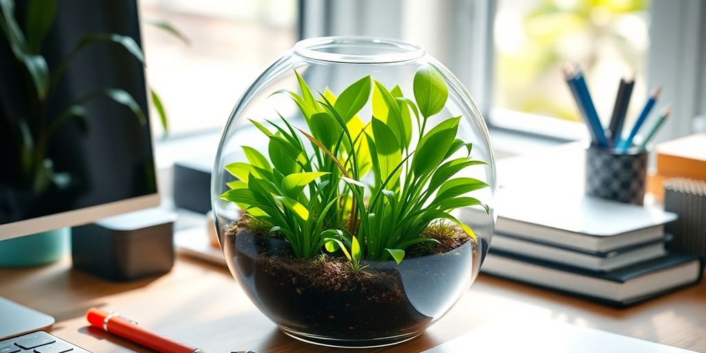 A colorful plant terrarium on a modern desk.