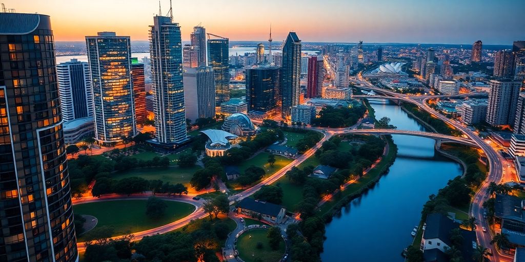 Modern city skyline with parks, waterways.