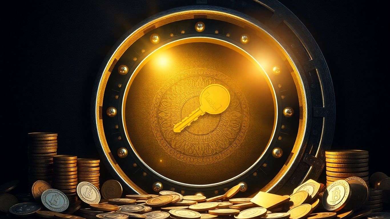 Secure vault with golden key and financial assets.