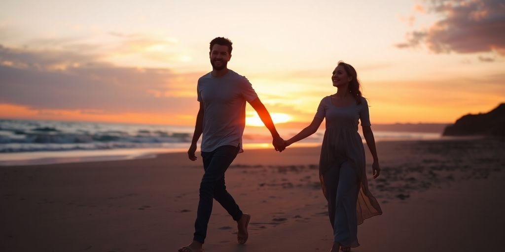 Couple smiling on a beach at sunset.