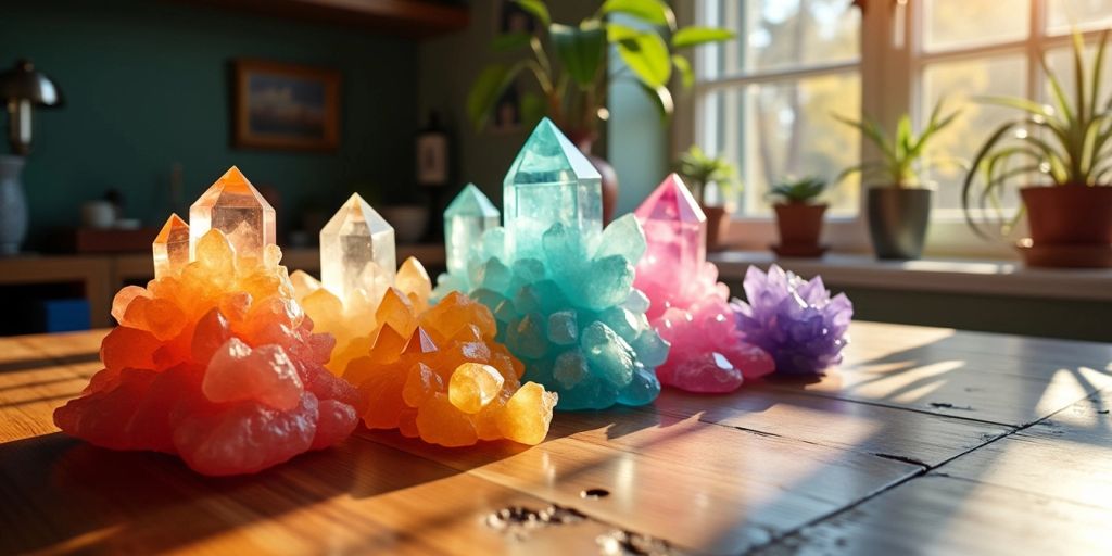Cristalli colorati su un tavolo di legno