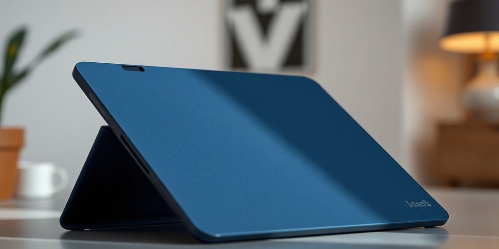 Sleek iPad case on wooden desk.