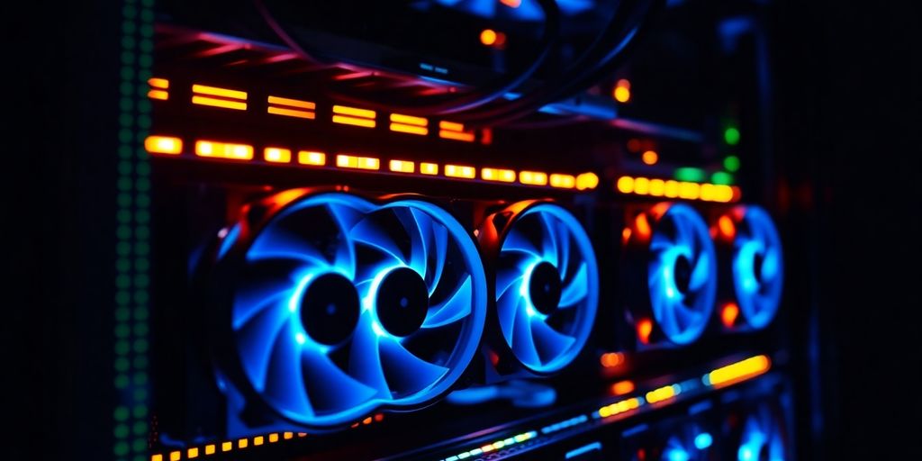 Best Crypto Miner for Beginners in 2025 4 Modern crypto mining rig with glowing GPUs in dark setting.