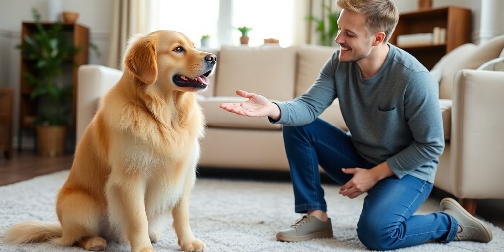 Happy dog and owner training indoors.