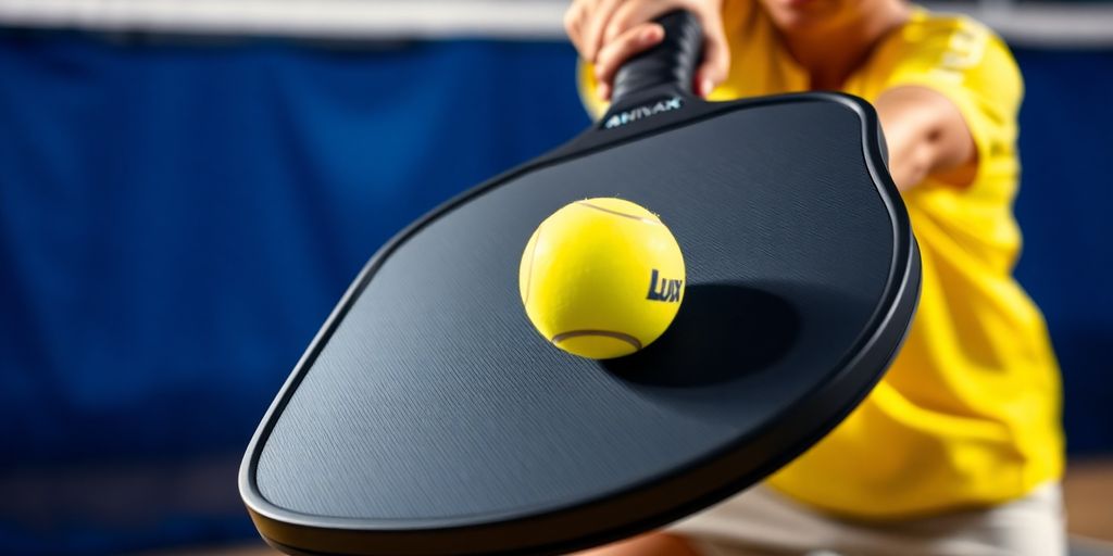Pickleball paddle, ball, court in action.