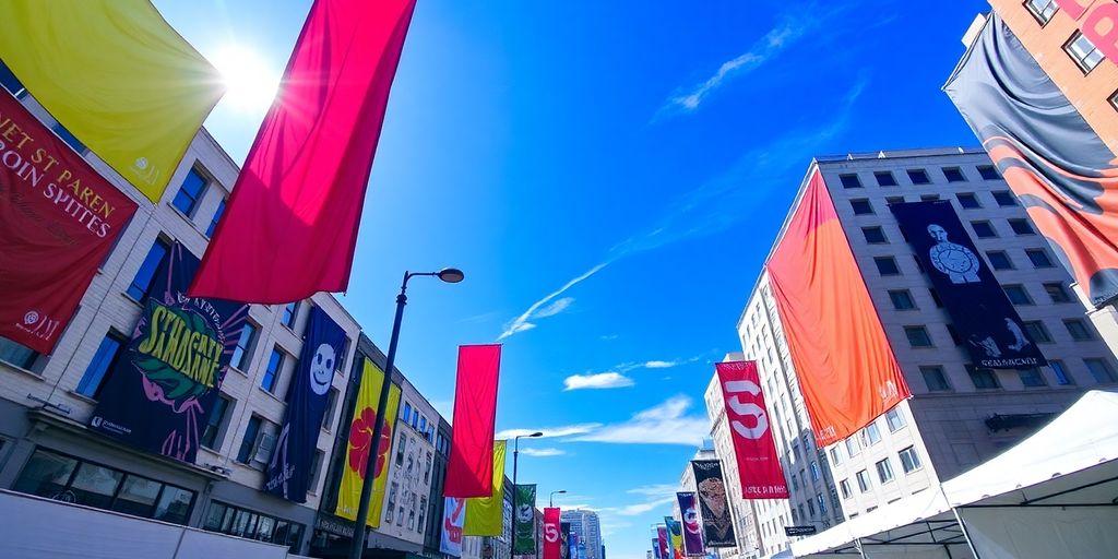 Colorful banners on buildings and poles.