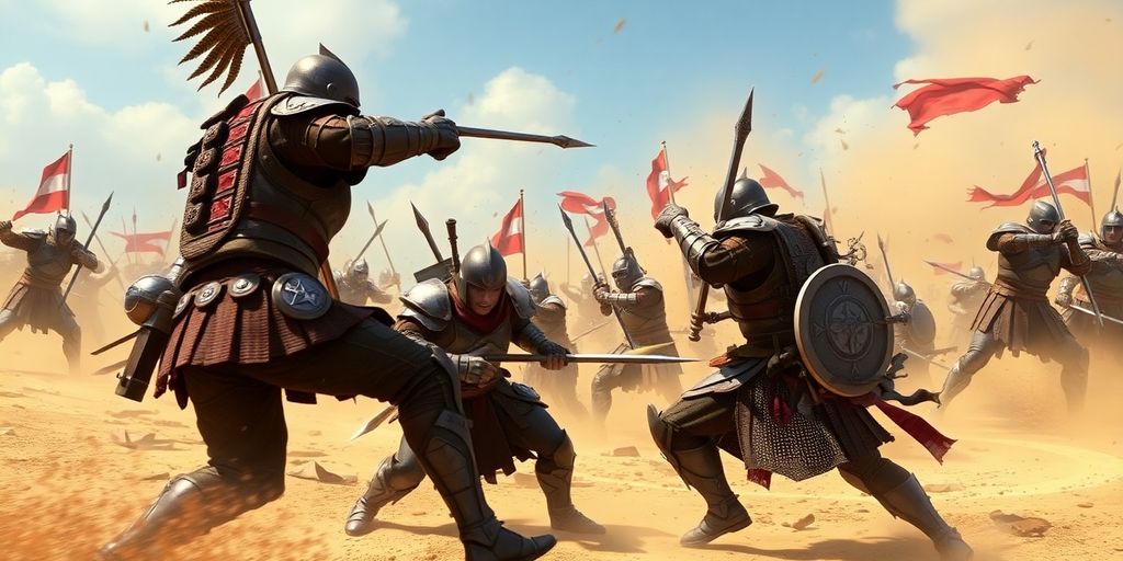Evony warriors clashing in a dramatic battlefield.