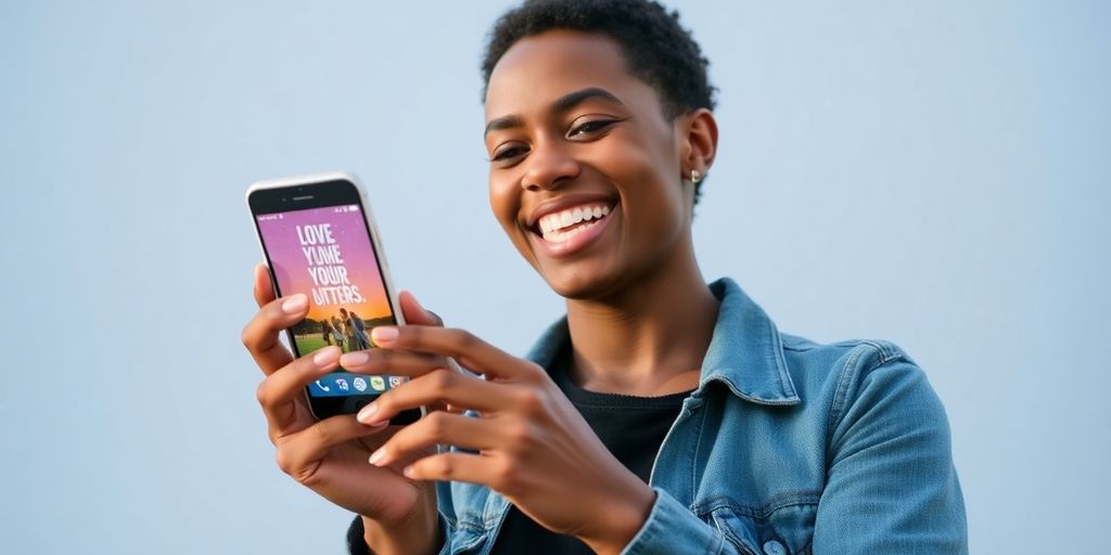 Person smiling while holding a smartphone with bright, colorful content.