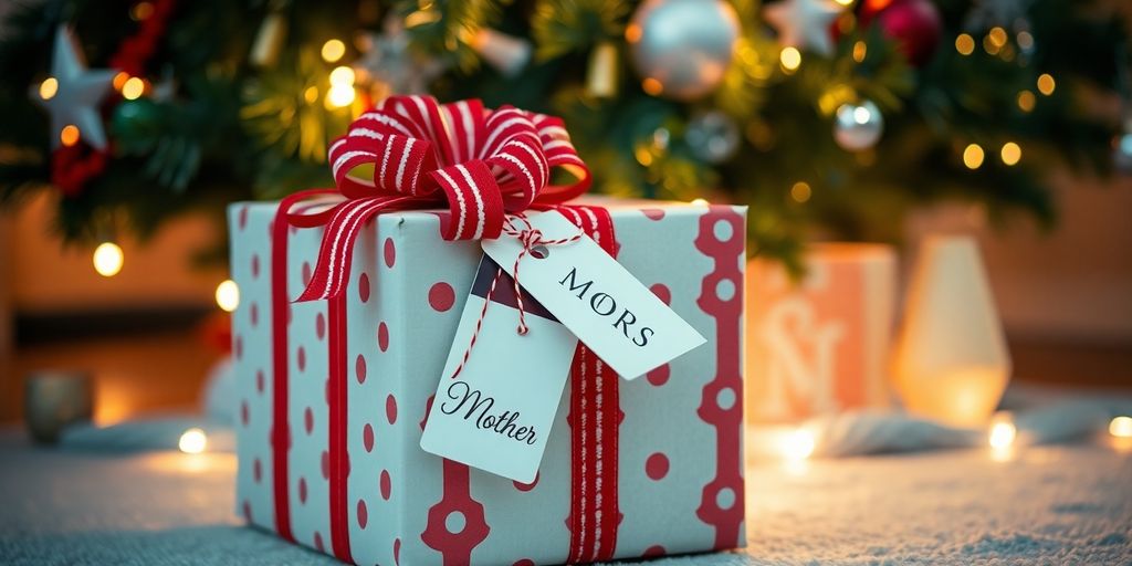 Gift box under Christmas tree with festive decorations.