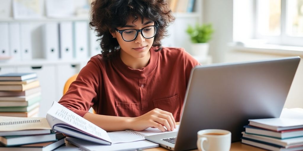 Estudante com livros e laptop em um ambiente organizado.
