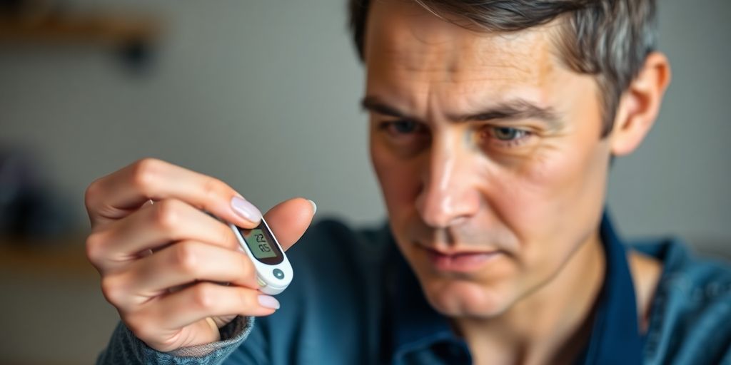 A person looking at a blood glucose meter.
