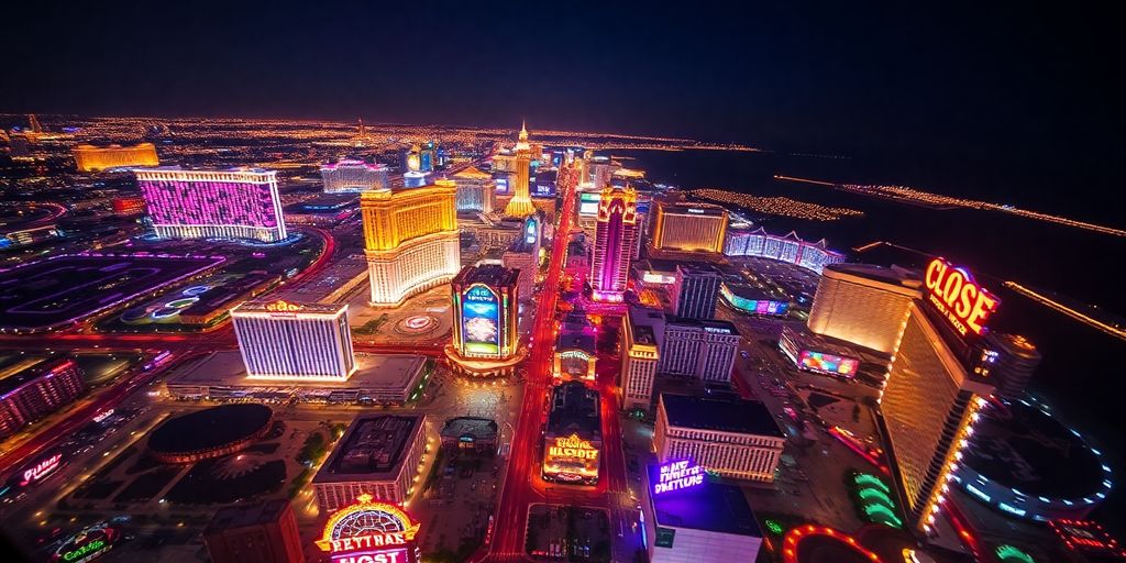 Helicopter flying over the brightly lit Las Vegas Strip at night.
