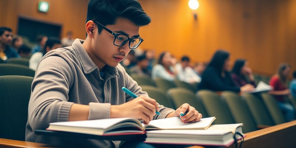 Student taking notes in a lecture hall.