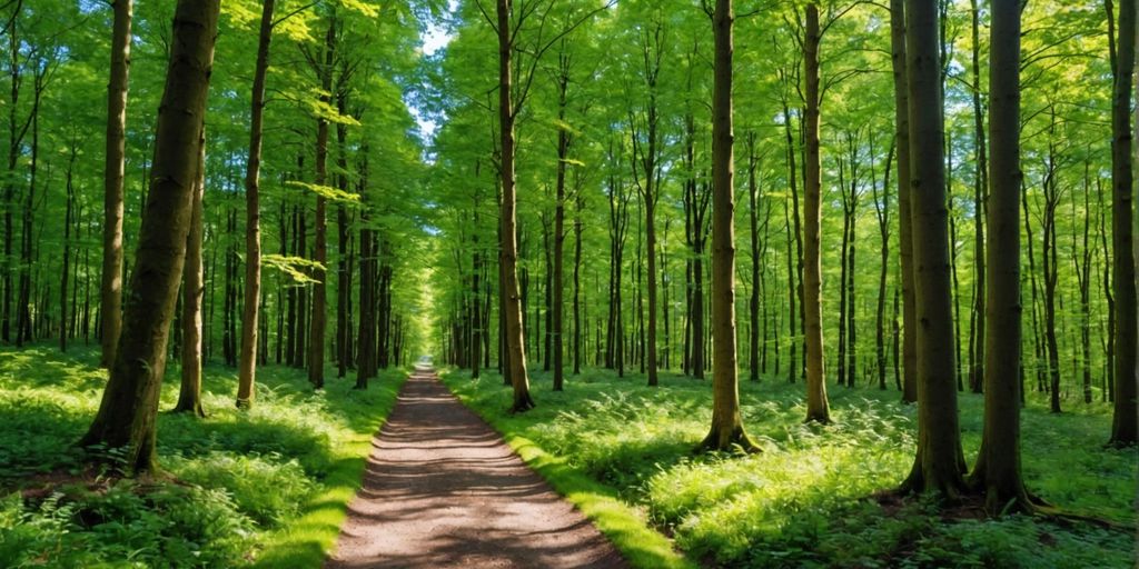 Forest path in Ballinastoe Woods with sunlight and greenery