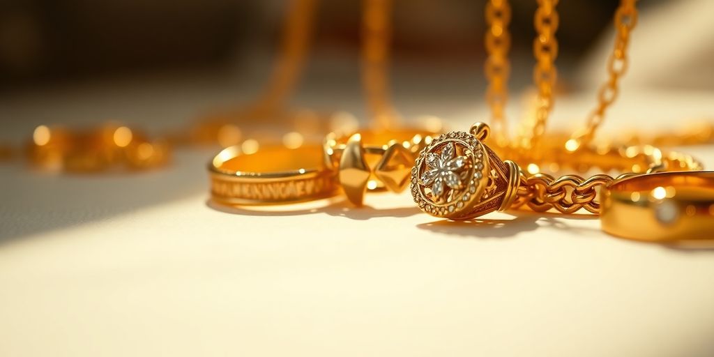 Bijoux en or brillants sur fond flou.