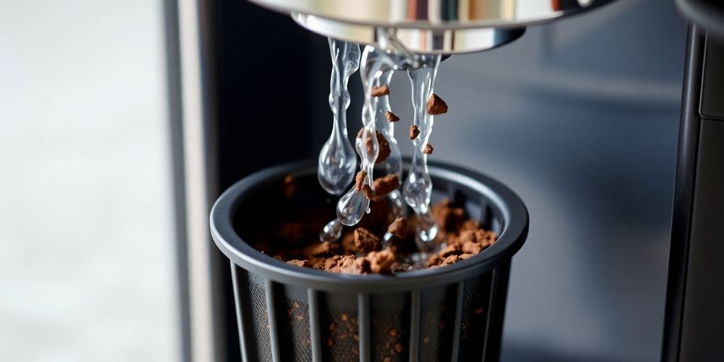 Close-up of espresso machine portafilter during backflushing.