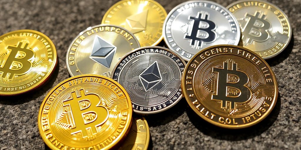 Diversas moedas de criptomoedas em uma superfície texturizada.