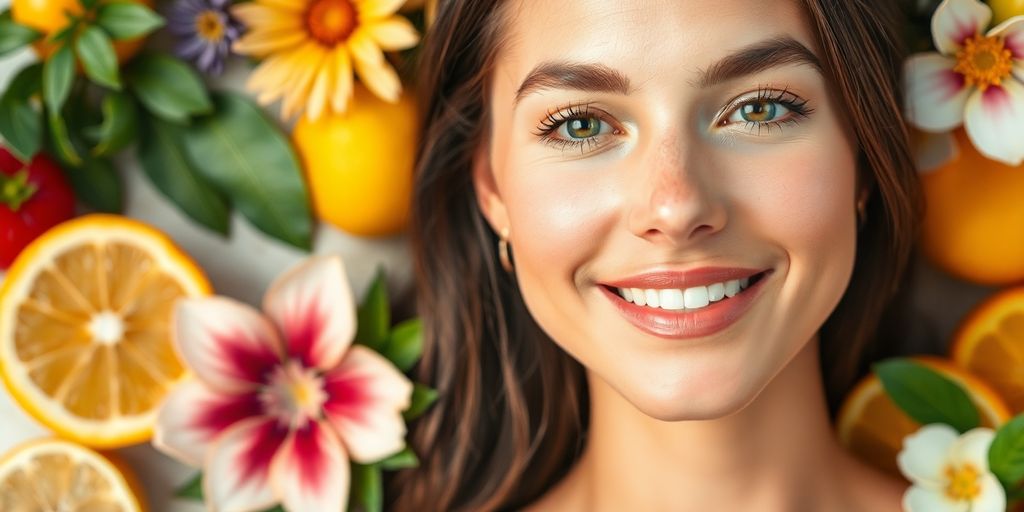 Close-up of radiant skin with natural ingredients surrounding it.