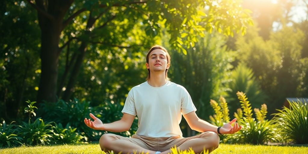 Person meditating in nature, radiating peace and abundance.