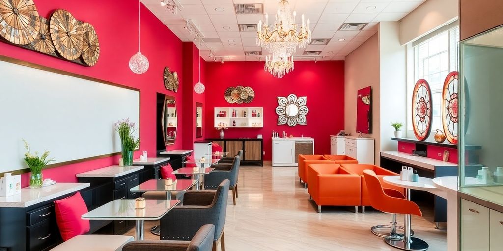 Salão de manicure com decoração elegante e espaços organizados.