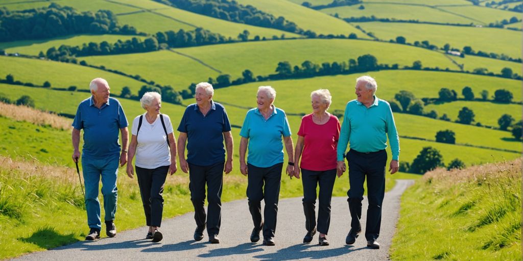 Seniors walking in scenic Irish countryside