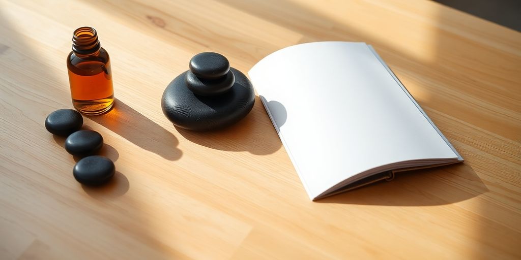 Table with massage tools and open portfolio book.