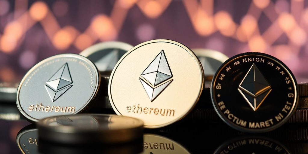 Ethereum coins on a reflective surface with a blurred background.