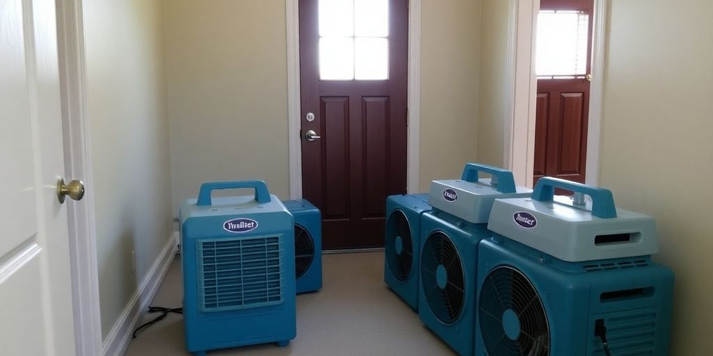 Interior with water damage restoration equipment in a home.
