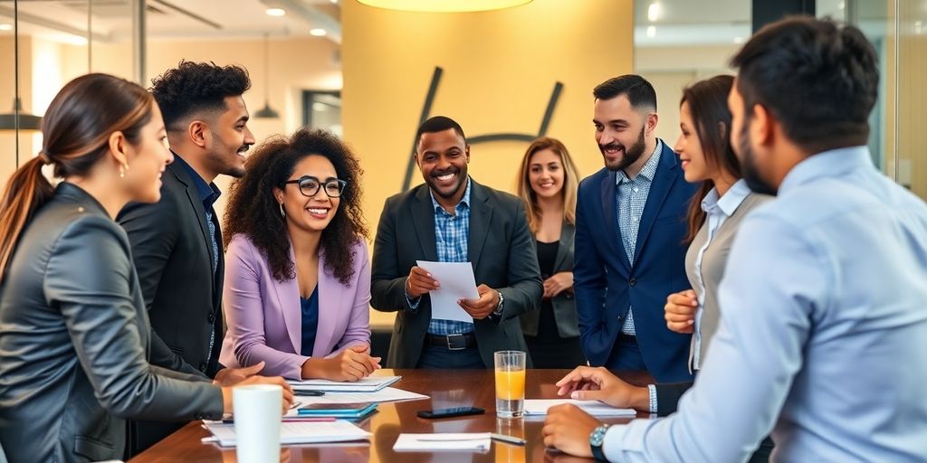 Grupo diversificado discutindo em uma reunião de negócios.