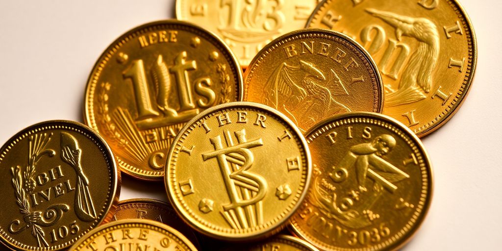 Close-up of pre-1933 gold coins on a neutral background.