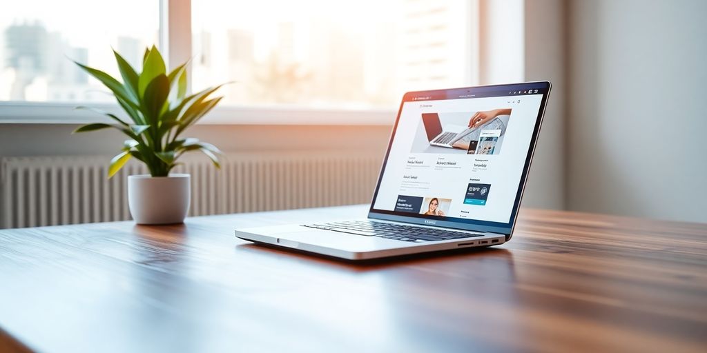 Moderní pracovní prostor s webovou stránkou na notebooku.