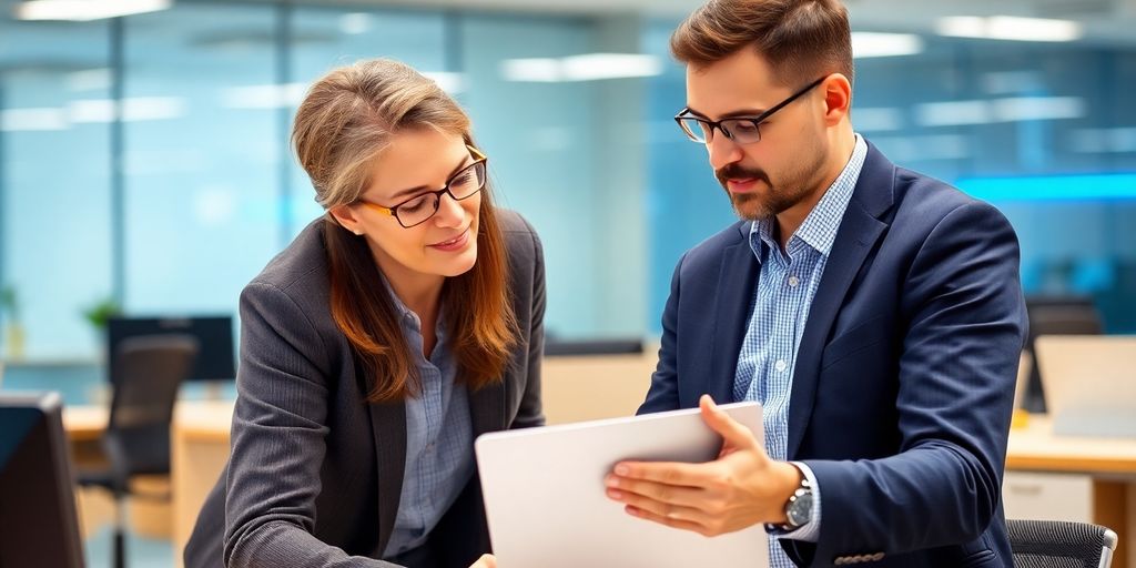 Unser Leadership-Stil: Wie wir unsere Mitarbeiter unterstützen und fördern Ein Mentor gibt einem Teammitglied konstruktives Feedback im Büro.