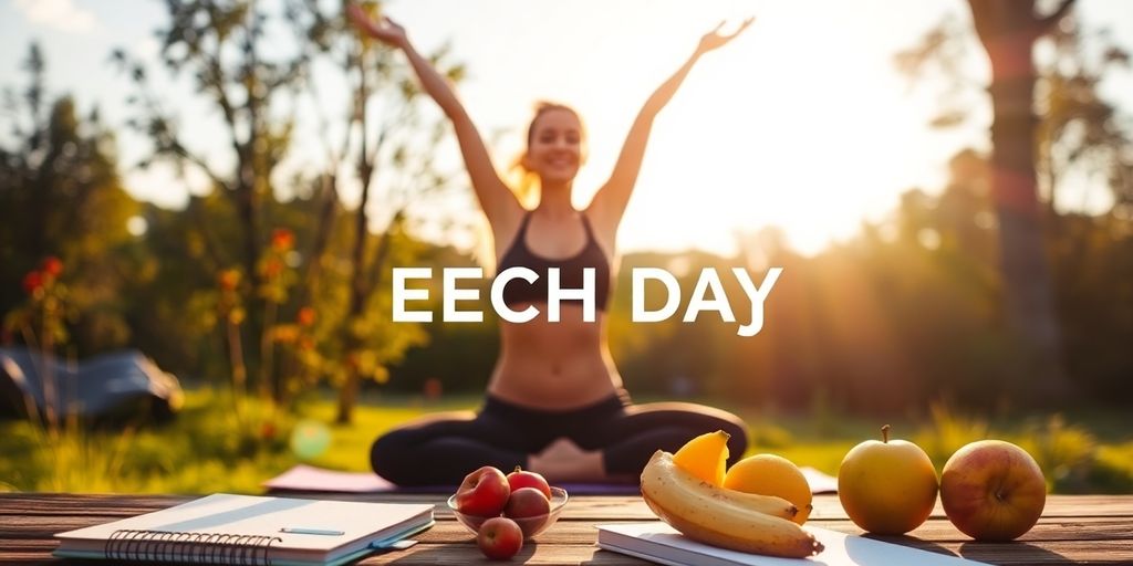 Person practicing yoga in nature with fruits and journal.