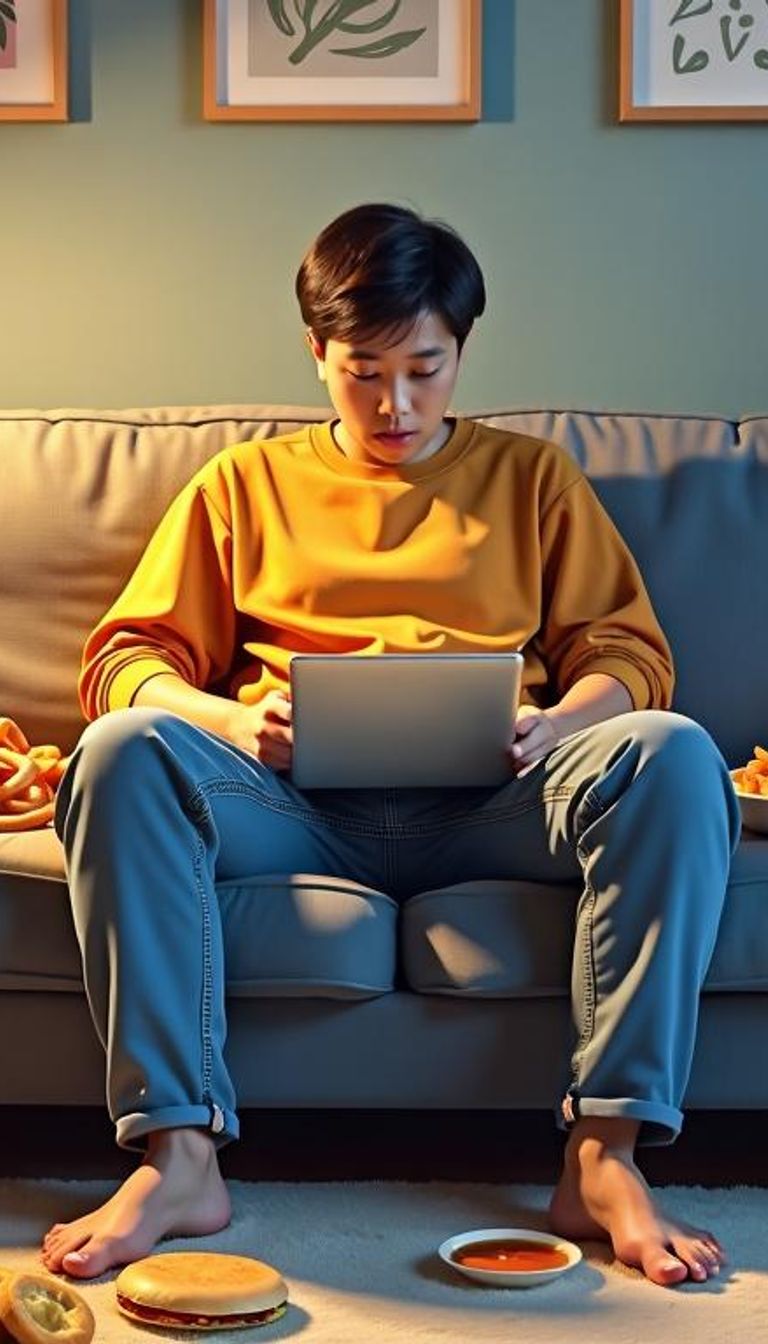 Person on couch with junk food and devices
