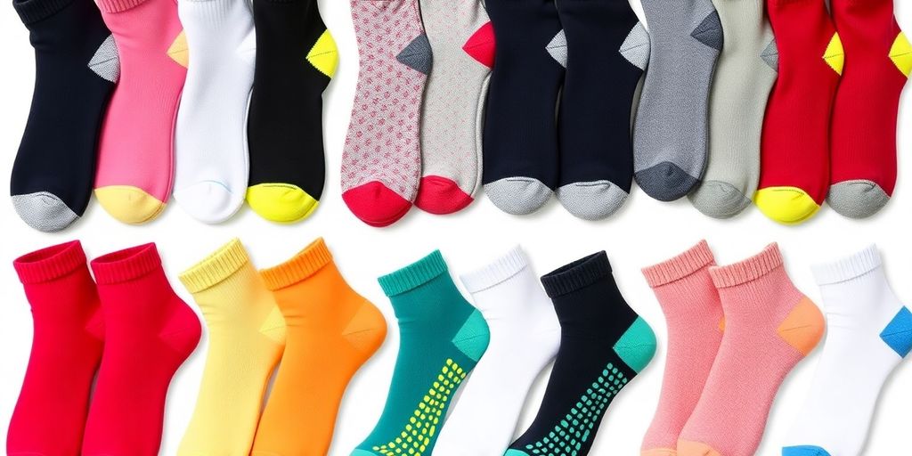 Colorful non-slip socks with textured grips on display.