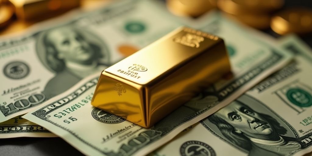 Un lingot d'or sur des billets de dollar.