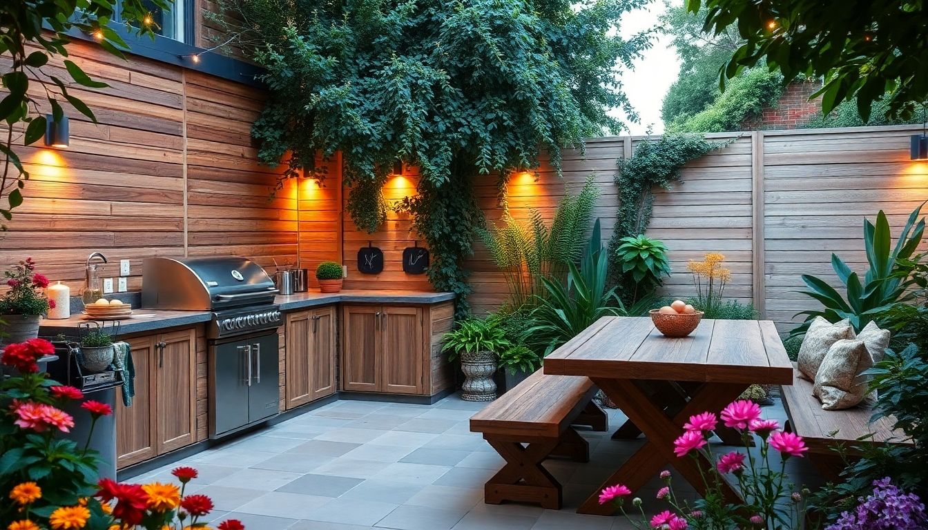 Outdoor kitchen and BBQ area in a London garden.