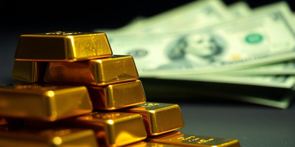Lingot d'or devant des billets verts