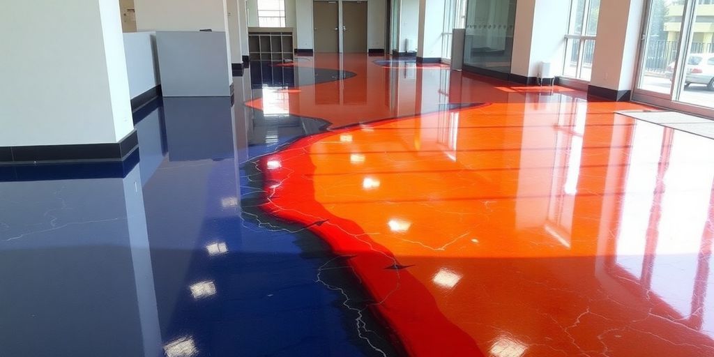 Glossy epoxy flooring in a bright commercial space.