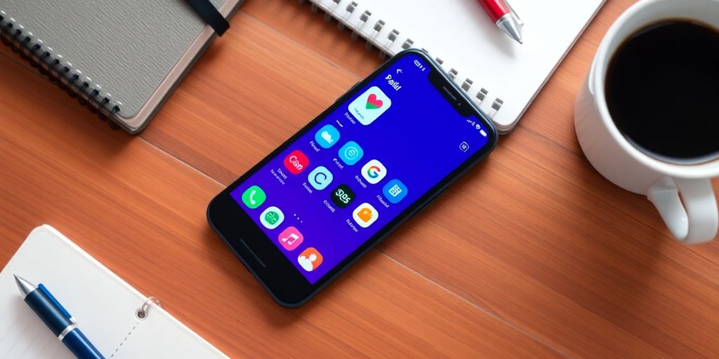 Aplicativos financeiros em um smartphone sobre uma mesa. Finanças Pessoais