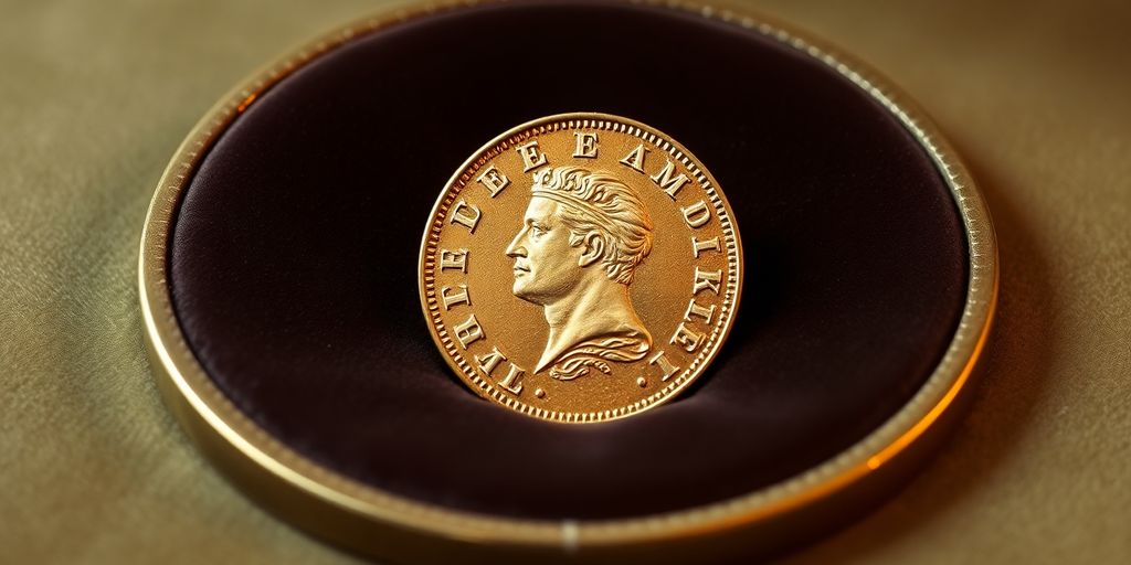 Pièce en or Napoléon sur un fond en velours.