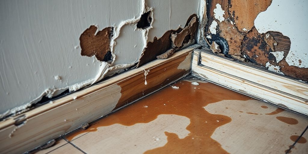 Water-damaged wall and floor with peeling paint.