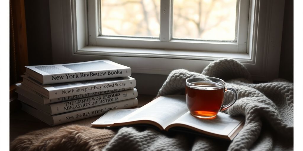 Cozy reading nook with New York Review of Books.