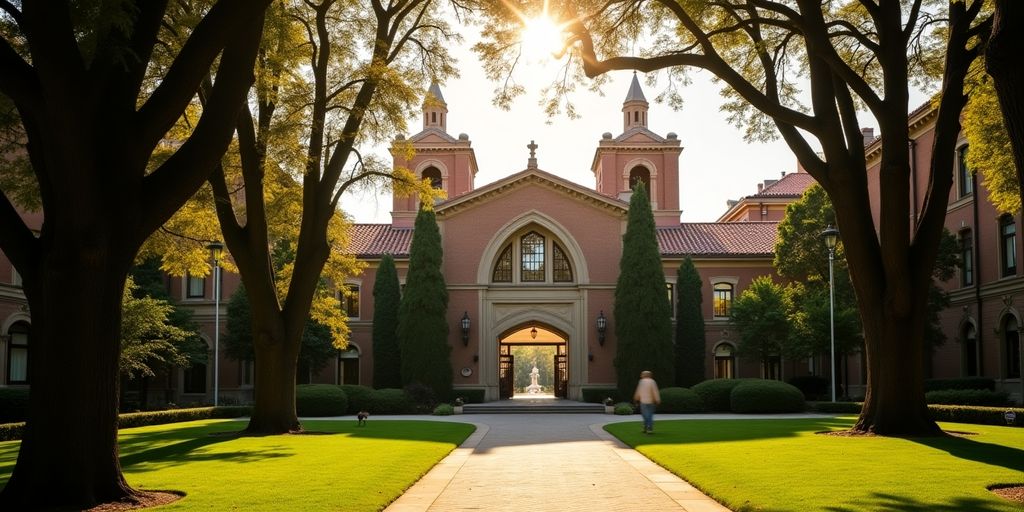 Beautiful Stanford University campus in warm sunlight.