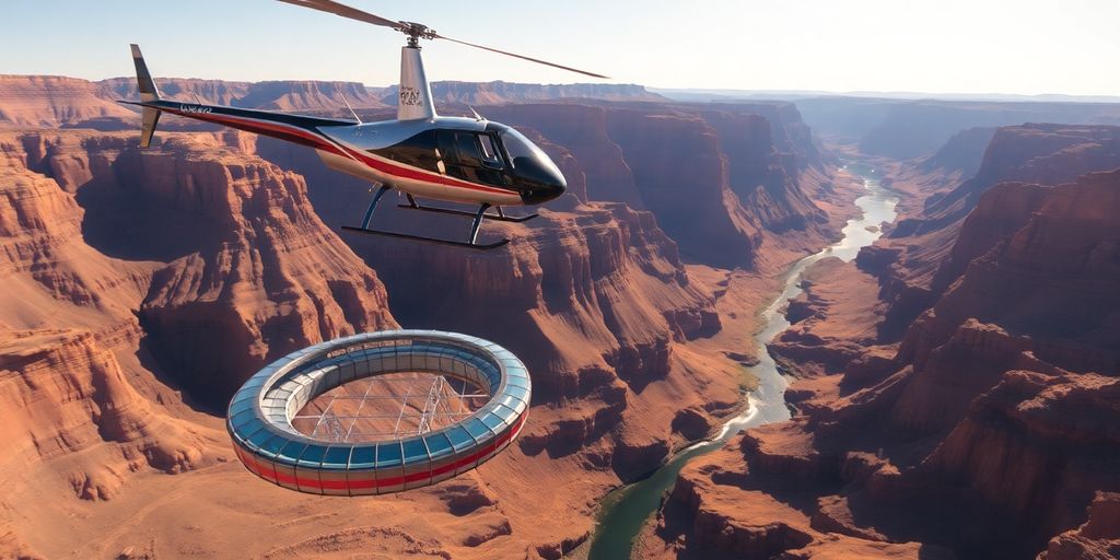 A helicopter flies above the Grand Canyon West Rim Skywalk.
