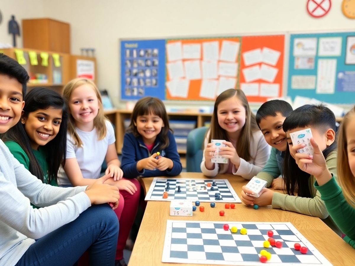 Students enjoying classic games in a lively classroom.