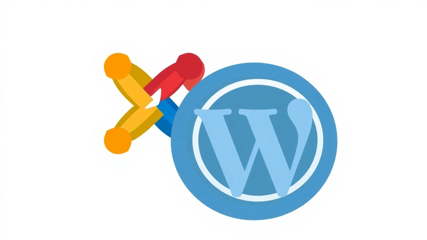 Joomla og WordPress logoer i en moderne illustrasjon.