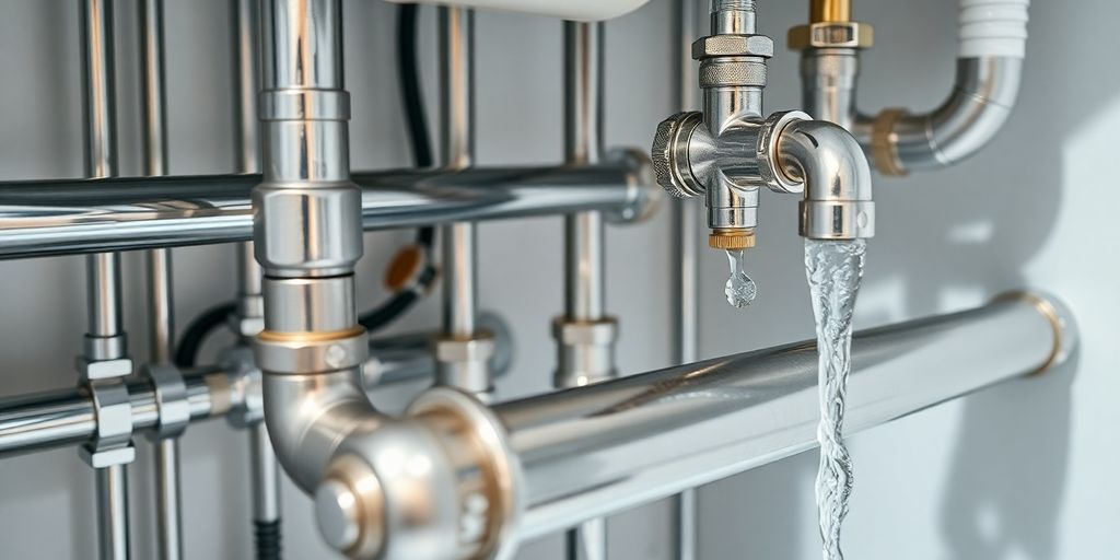 Shiny pipes and tools in a plumbing system.