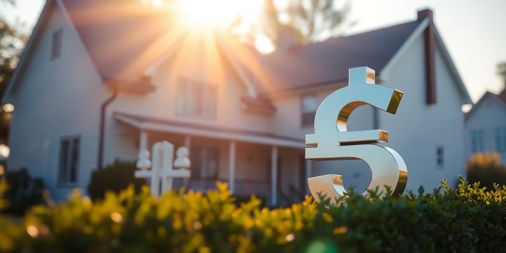 Propiedad inmobiliaria y símbolo monetario en un fondo soleado.