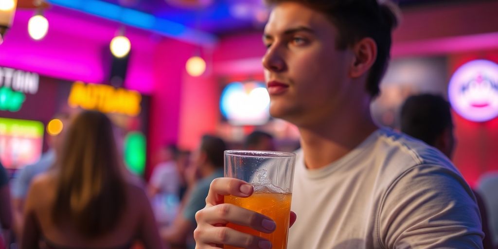 Person holding a drink, looking thoughtful in a bar.